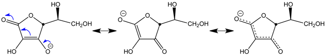 Formes mésomères de l'anion ascorbate.